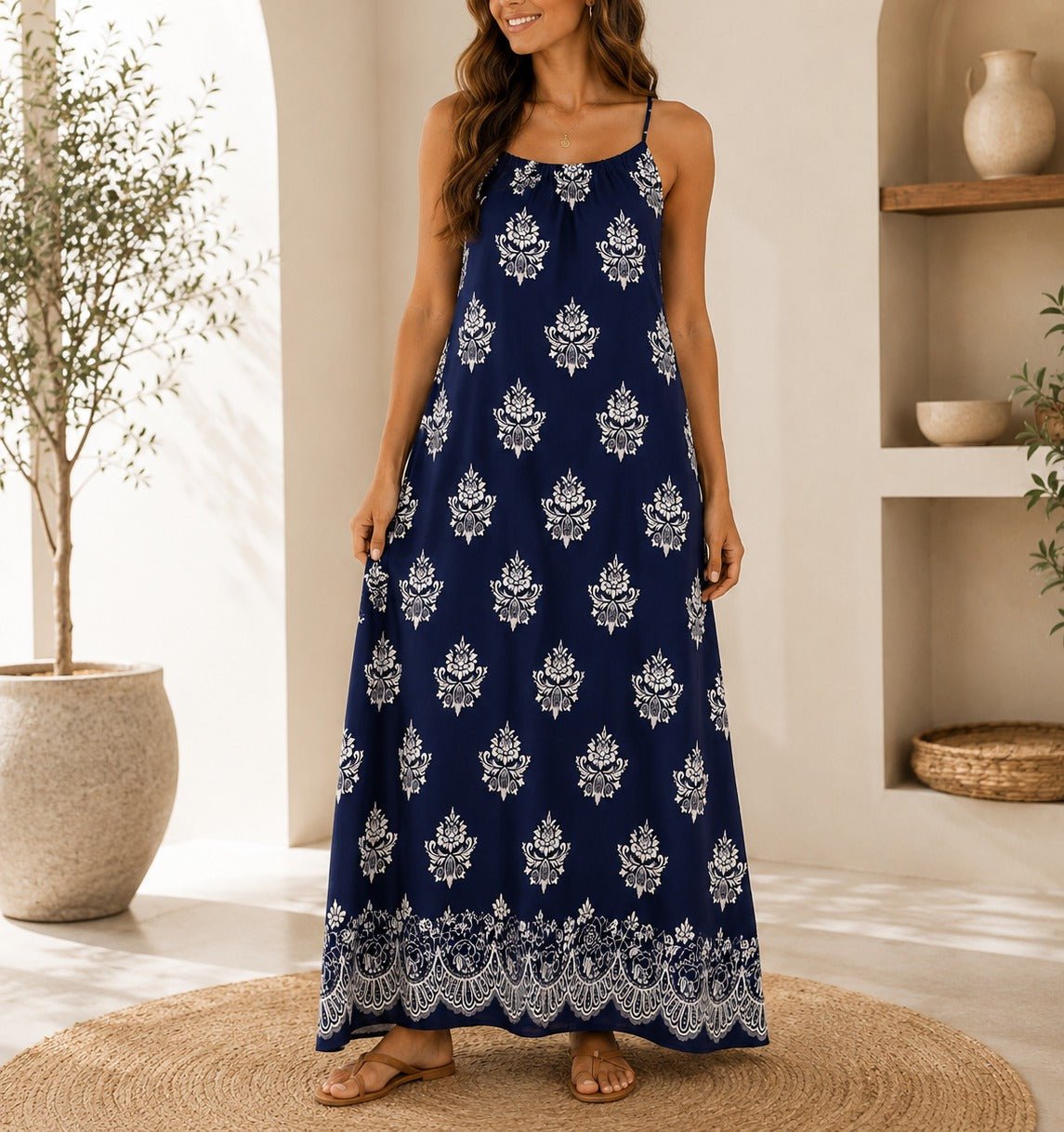 Ladies Navy Patterned Sleeveless Maxi Dress - StylePhase SA