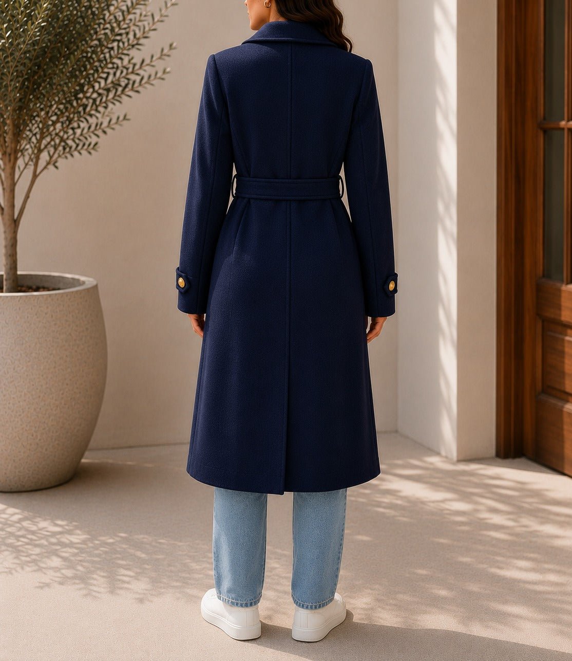 Ladies Navy Pleated Button Detail Melton Coat - StylePhase SA