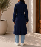 Ladies Navy Pleated Button Detail Melton Coat - StylePhase SA