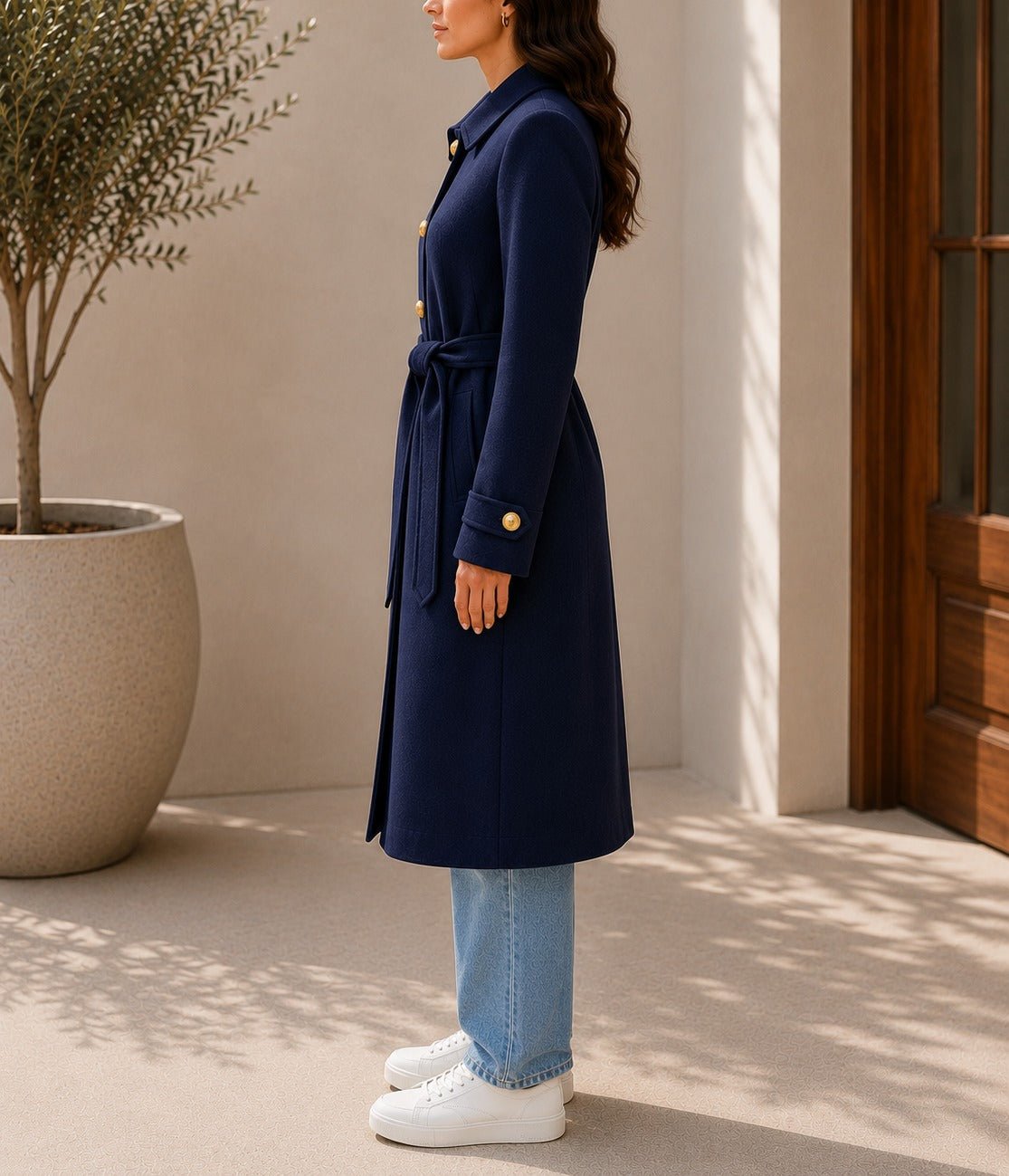 Ladies Navy Pleated Button Detail Melton Coat - StylePhase SA