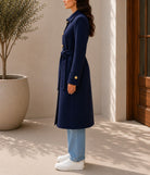 Ladies Navy Pleated Button Detail Melton Coat - StylePhase SA