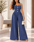 Ladies Navy Pleated Wide Leg Button Detail Jumpsuit - StylePhase SA