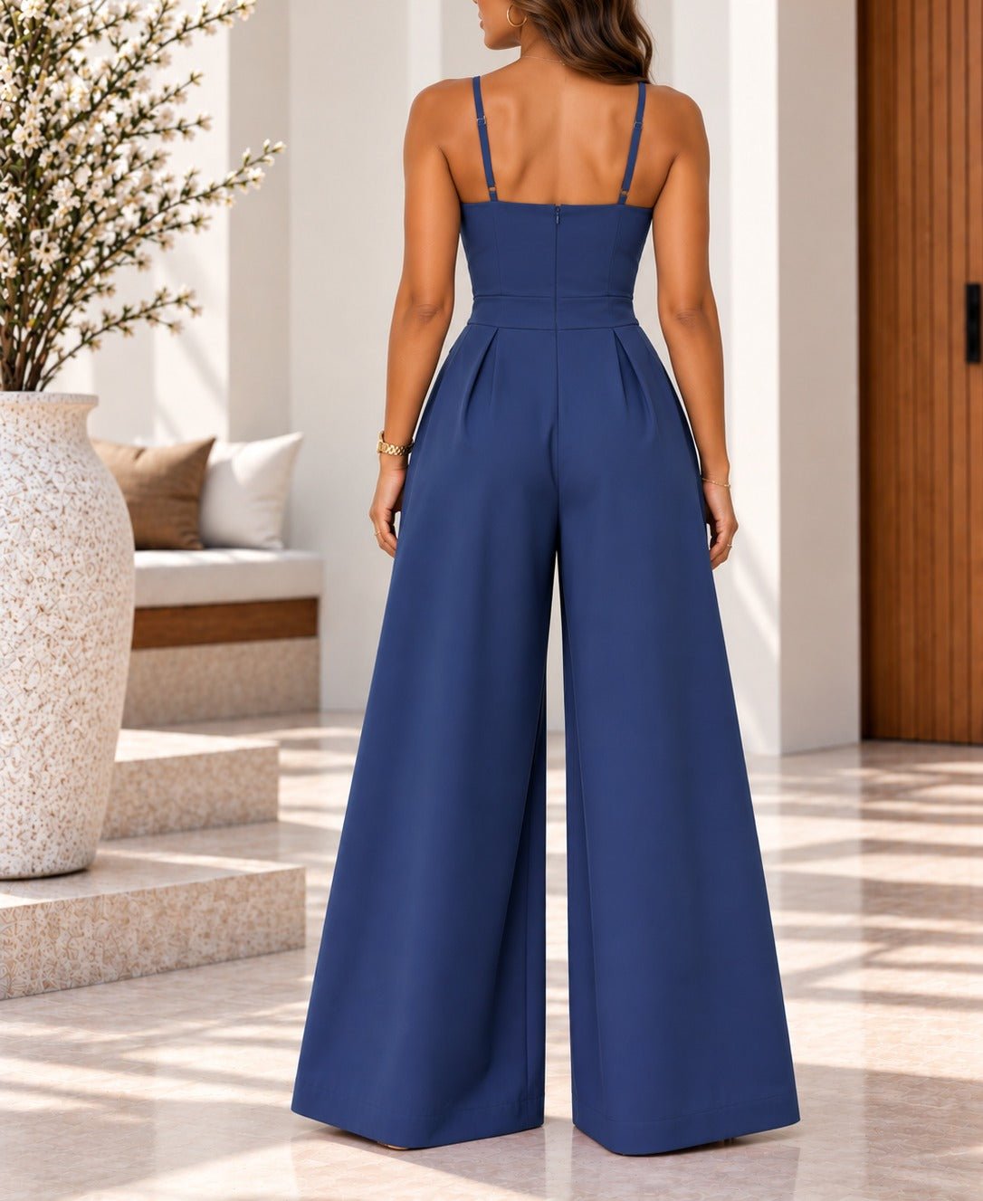 Ladies Navy Pleated Wide Leg Button Detail Jumpsuit - StylePhase SA