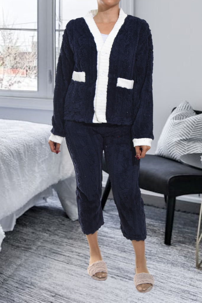 Ladies Navy Plush 3/4 Pj Set - StylePhase SA