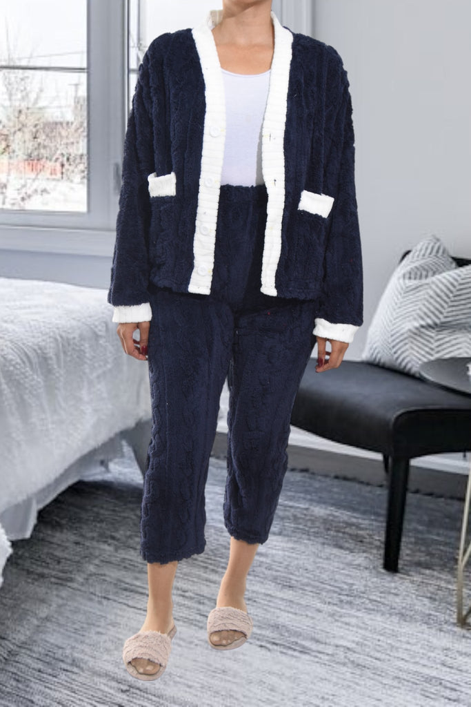 Ladies Navy Plush 3/4 Pj Set - StylePhase SA