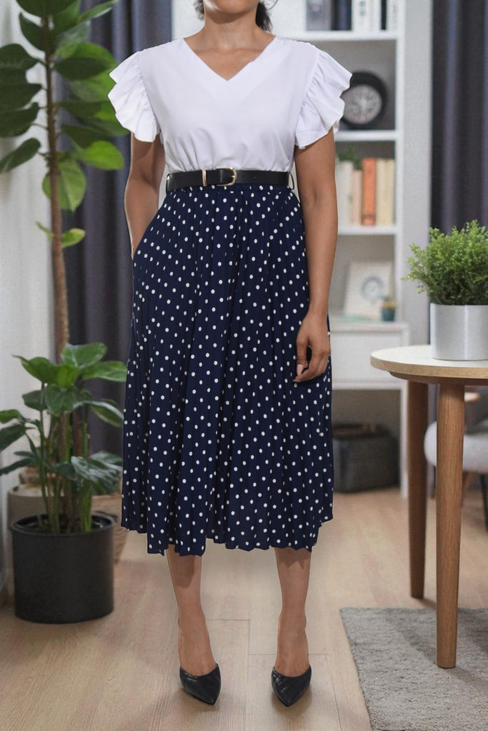 Ladies Navy Polka Dot Belted Skirt - StylePhase SA