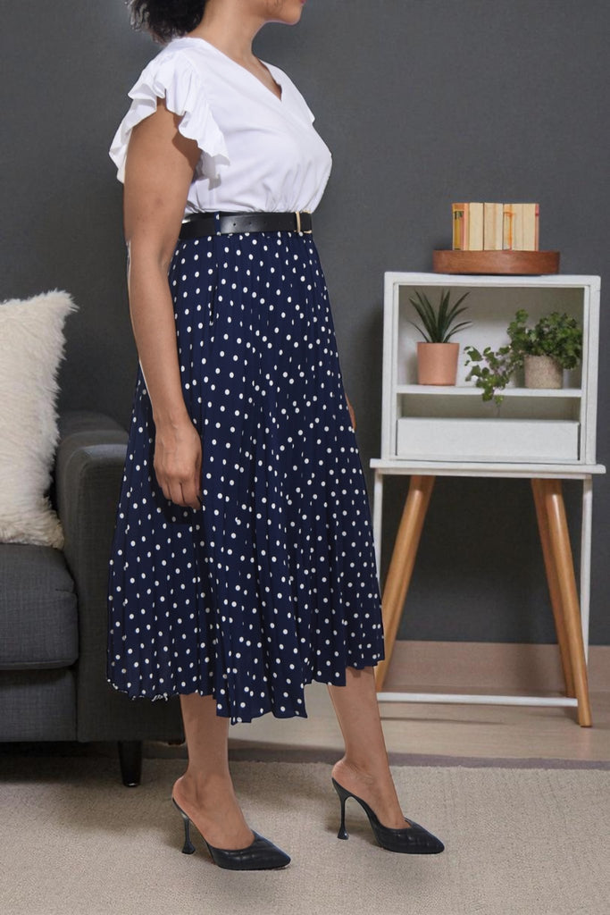 Ladies Navy Polka Dot Belted Skirt - StylePhase SA