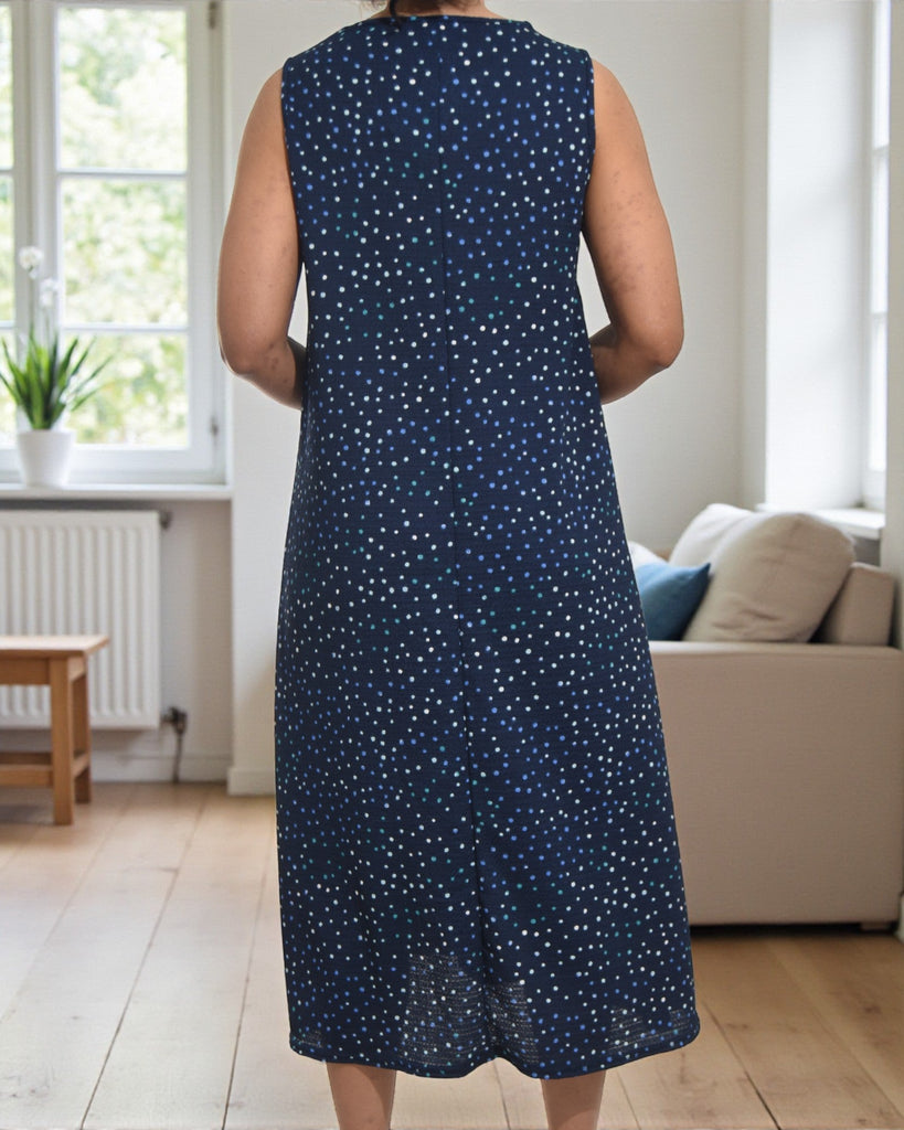 Ladies Navy Polka Dot Crinkle Sleeveless Dress - StylePhase SA