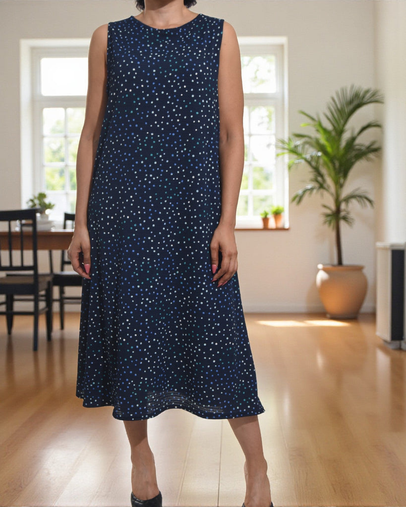 Ladies Navy Polka Dot Crinkle Sleeveless Dress - StylePhase SA