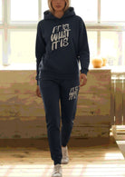 Ladies Navy Printed Fleece Tracksuit - It Is What It Is - StylePhase SA