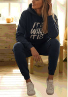 Ladies Navy Printed Fleece Tracksuit - It Is What It Is - StylePhase SA