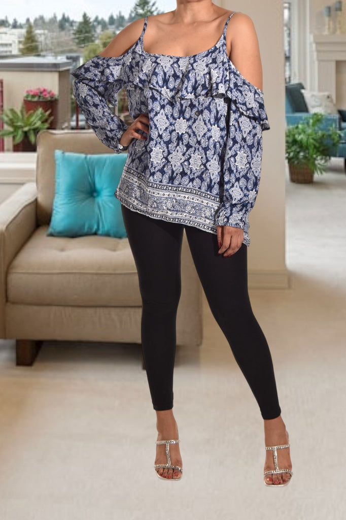 Ladies Navy Printed Off Shoulder Top - StylePhase SA