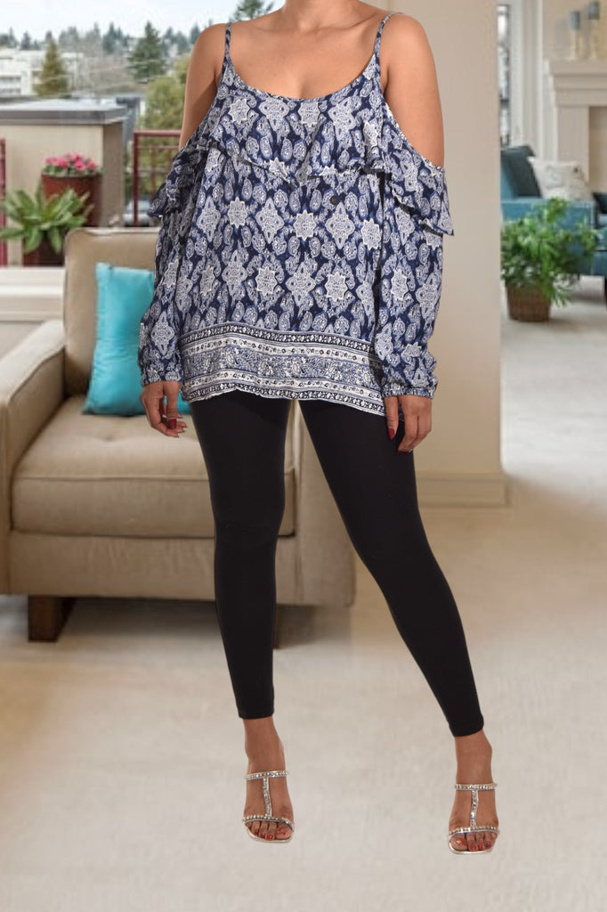 Ladies Navy Printed Off Shoulder Top - StylePhase SA