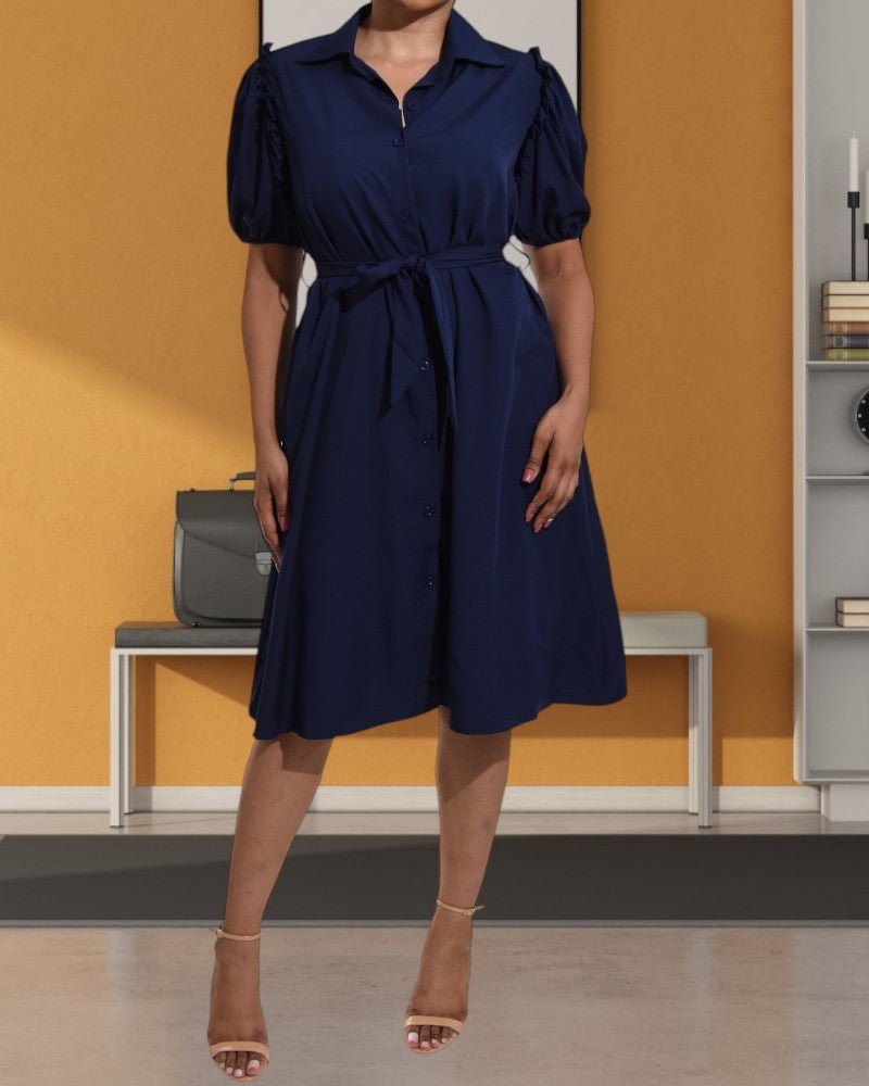 Ladies Navy Puff Sleeves Shirt Dress - StylePhase SA