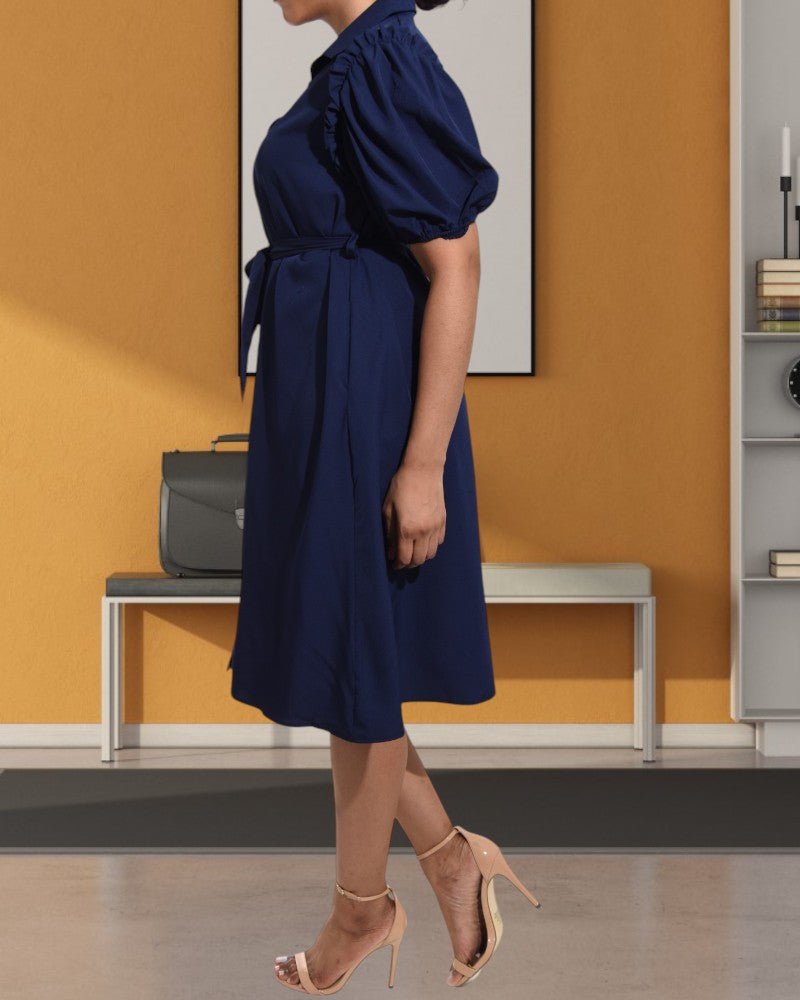 Ladies Navy Puff Sleeves Shirt Dress - StylePhase SA