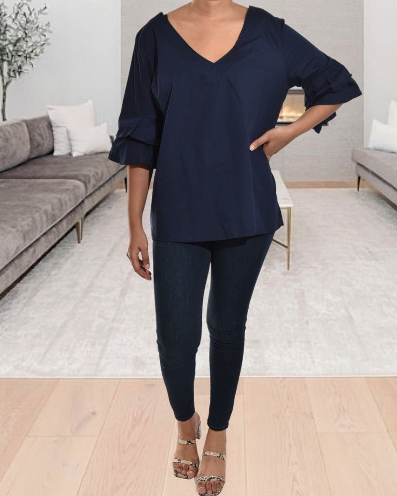 Ladies Navy Ruffle Sleeve Top - StylePhase SA