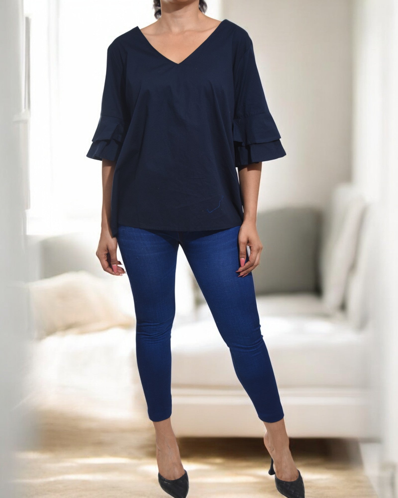 Ladies Navy Ruffle Sleeve Top - StylePhase SA