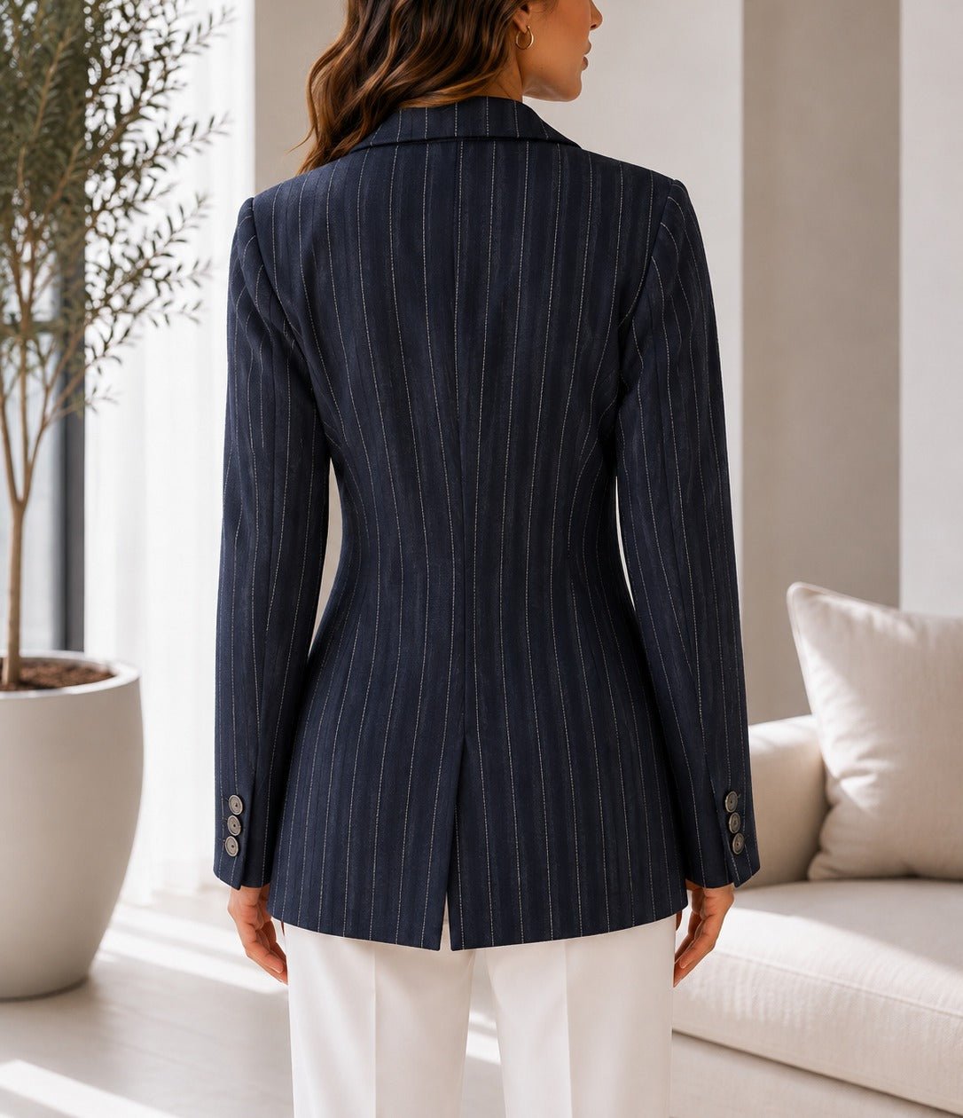 Ladies Navy Stripe Double Breast Blazer - StylePhase SA
