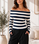 Ladies Navy Stripe Off Shoulder Top - StylePhase SA