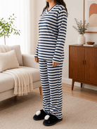 Ladies Navy Stripes Grey Polar Fleece Printed Pyjama Set - StylePhase SA