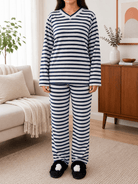 Ladies Navy Stripes Grey Polar Fleece Printed Pyjama Set - StylePhase SA