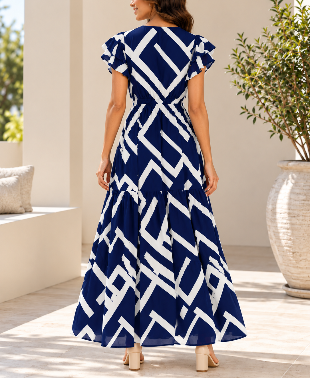 Back view navy and white geometric maxi dress