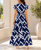 Back view navy and white geometric maxi dress