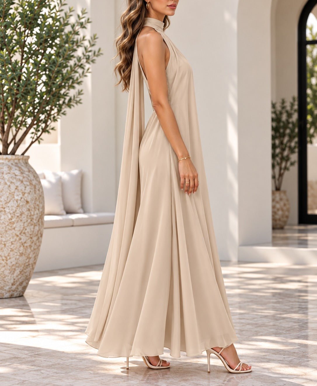 Ladies New Feeling Beige High Neckline Draped Maxi Dress - StylePhase SA
