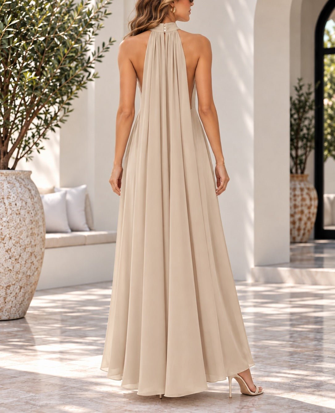 Ladies New Feeling Beige High Neckline Draped Maxi Dress - StylePhase SA