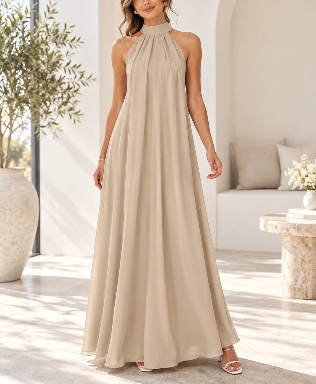Ladies New Feeling Beige High Neckline Draped Maxi Dress - StylePhase SA