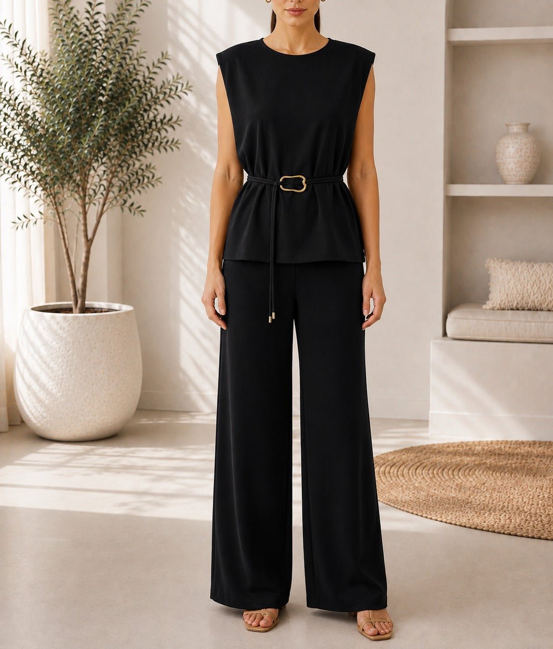 Ladies New Feeling Black Buckle Detail Sleeveless Two-Piece Set - StylePhase SA