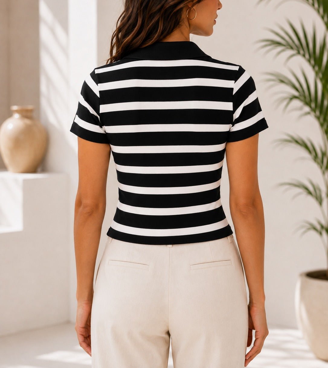 Ladies New Feeling Black Collar Zip Stripe Top - StylePhase SA