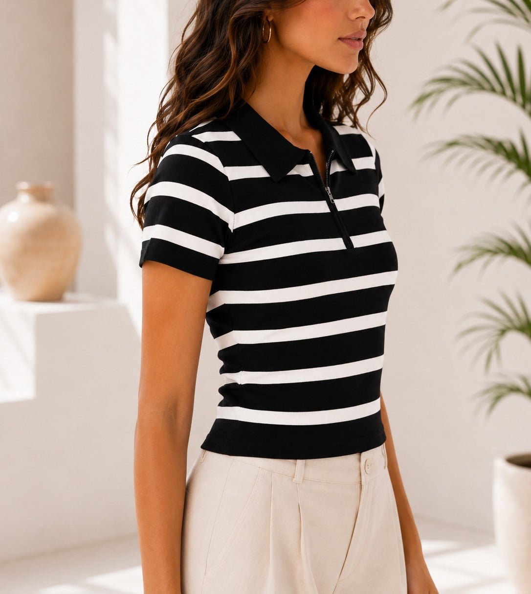 Ladies New Feeling Black Collar Zip Stripe Top - StylePhase SA