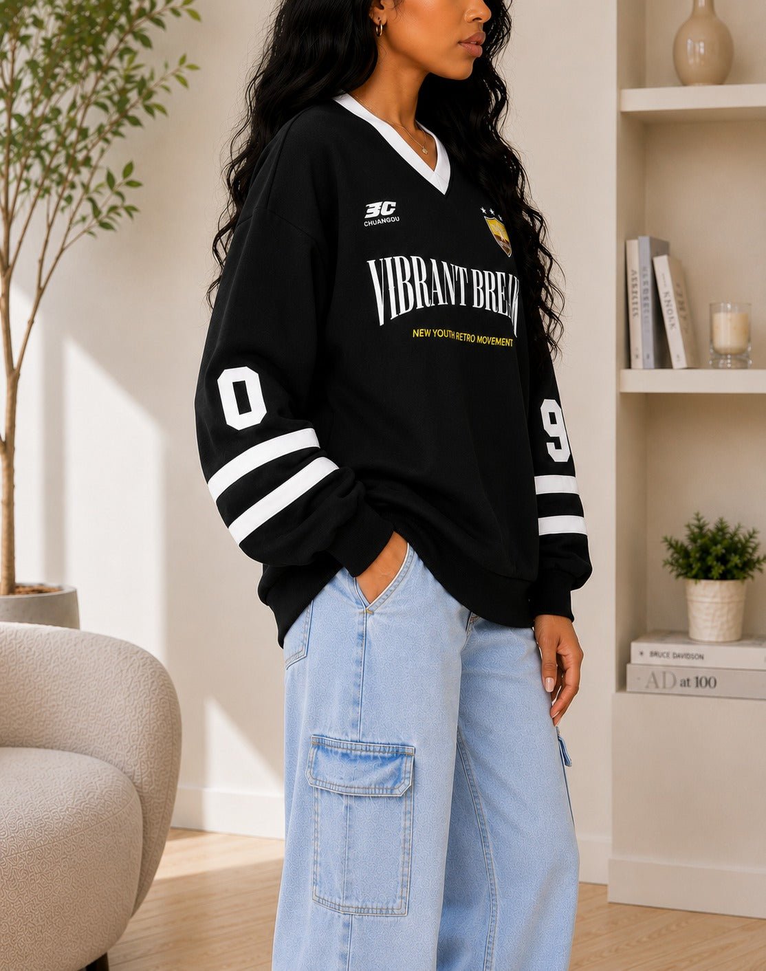 Ladies New Feeling Black Long Sleeve V-Neck Sweatshirt - StylePhase SA