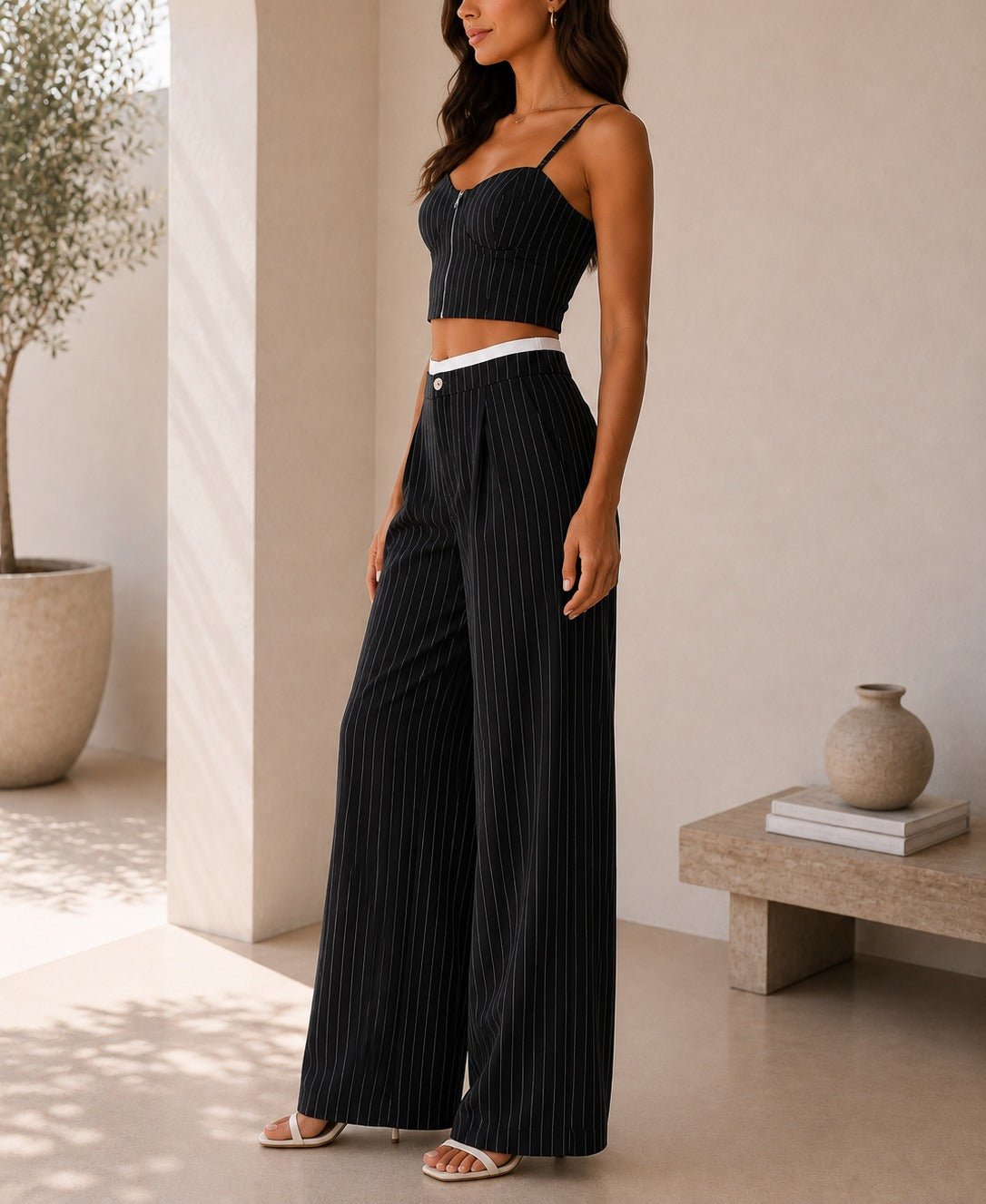 Ladies New Feeling Black Pinstriped Two Piece Set - StylePhase SA