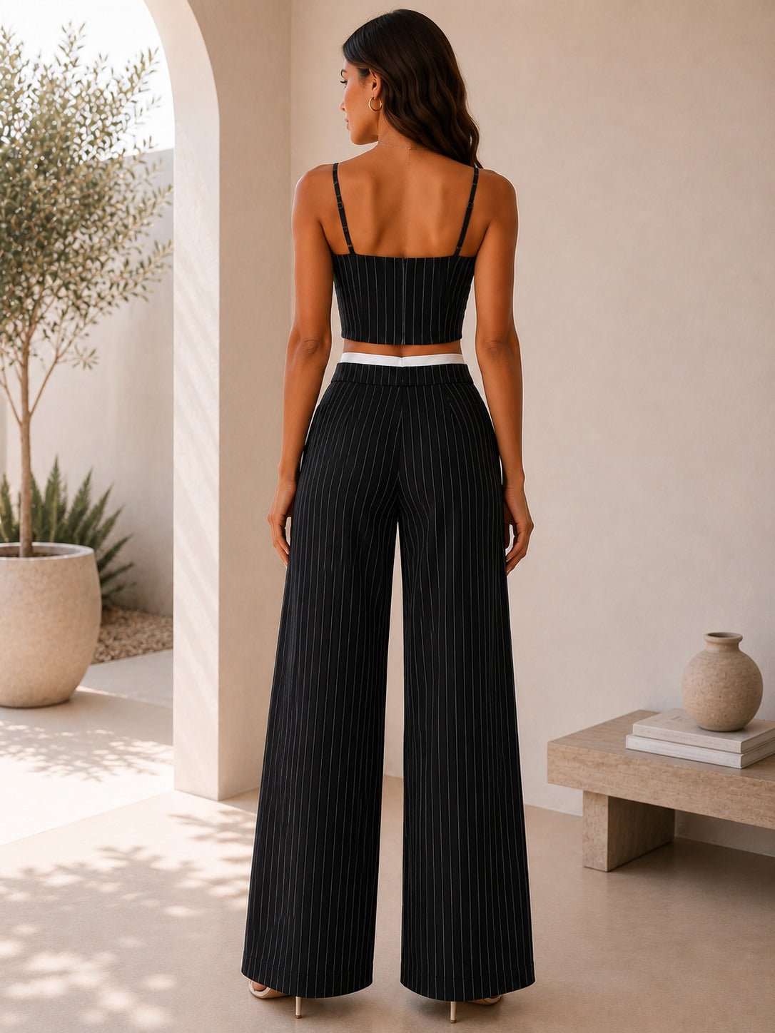 Ladies New Feeling Black Pinstriped Two Piece Set - StylePhase SA