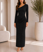 Ladies New Feeling Black Rhinestone Ruched Maxi Dress - StylePhase SA
