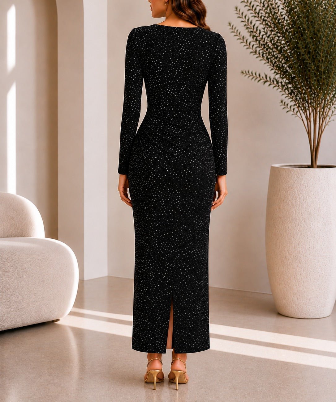 Ladies New Feeling Black Rhinestone Ruched Maxi Dress - StylePhase SA