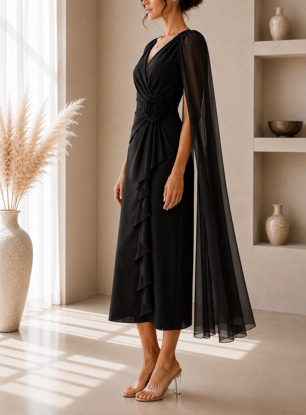 Ladies New Feeling Black Rose Cape Sleeve Dress - StylePhase SA