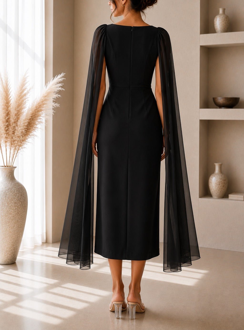 Ladies New Feeling Black Rose Cape Sleeve Dress - StylePhase SA