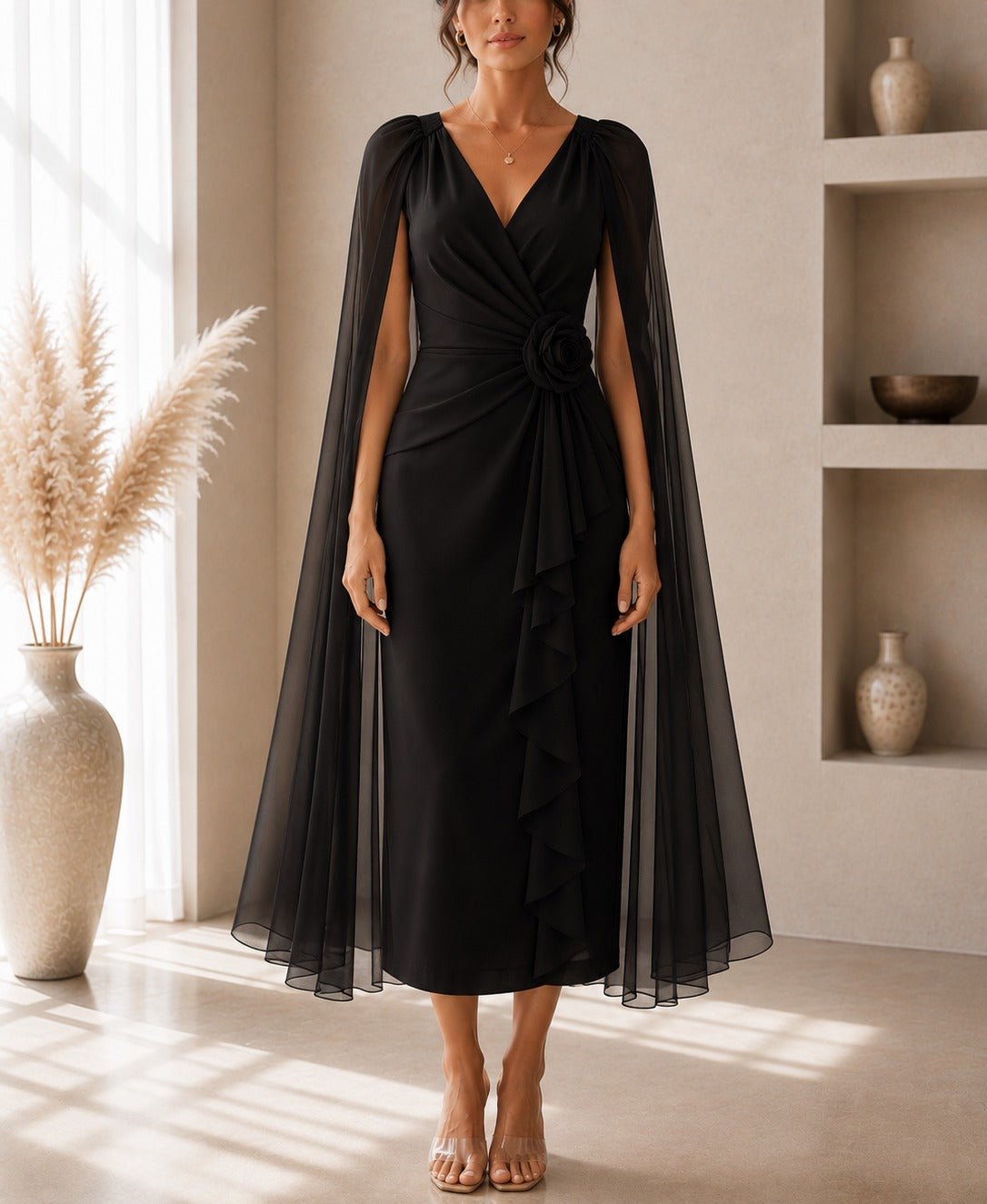 Ladies New Feeling Black Rose Cape Sleeve Dress - StylePhase SA