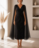Ladies New Feeling Black Rose Cape Sleeve Dress - StylePhase SA