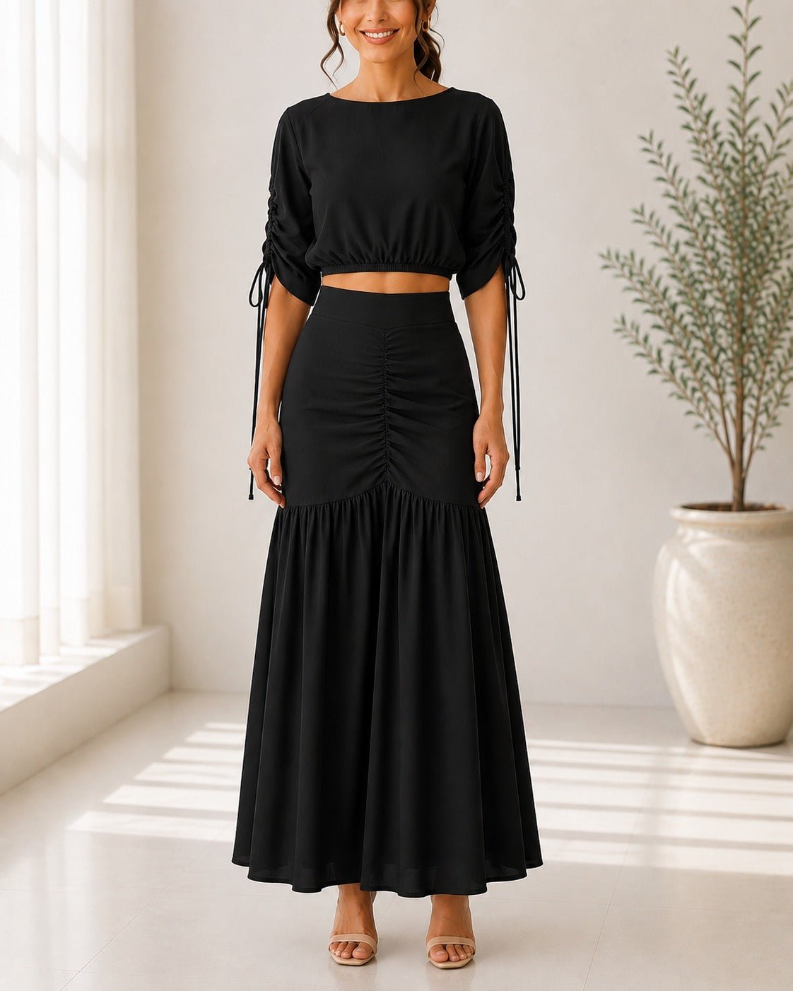 Ladies New Feeling Black Ruche Two Piece Set - StylePhase SA