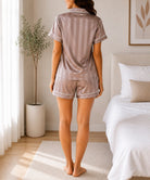 Ladies New Feeling Black Stripe Satin Pyjama Set-Light Brown - StylePhase SA