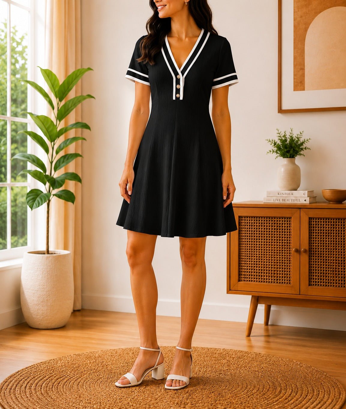 Ladies New Feeling Black V-Neck Mini Dress - StylePhase SA