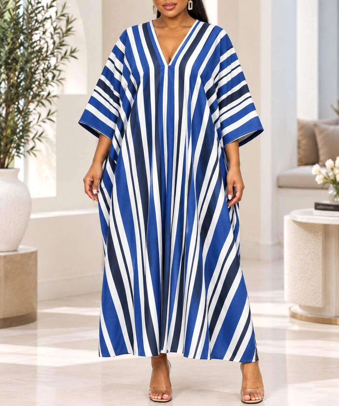 Ladies New Feeling Blue And White Stripe Maxi Kaftan - StylePhase SA