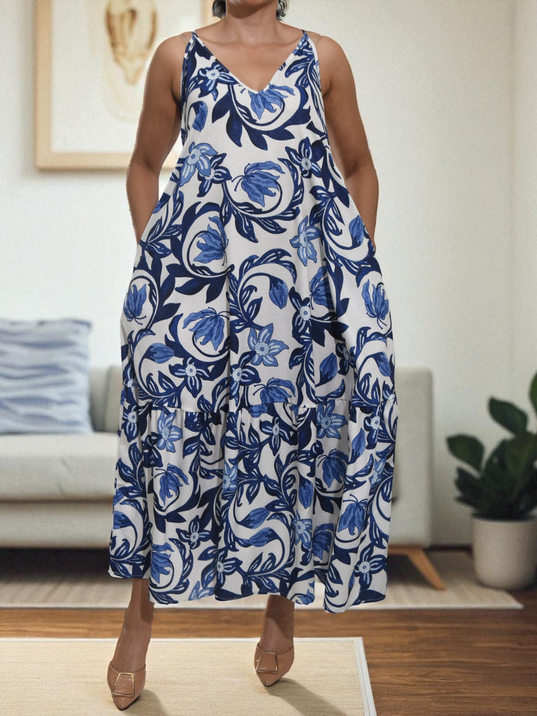 Ladies New Feeling Blue Floral Tie Back Dress - StylePhase SA
