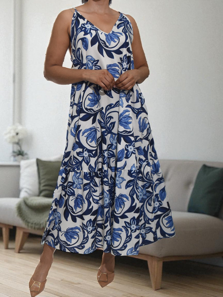 Ladies New Feeling Blue Floral Tie Back Dress - StylePhase SA