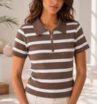 Ladies New Feeling Brown Collar Zip Stripe Top - StylePhase SA