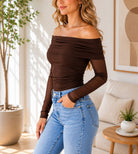 Ladies New Feeling Brown Mesh Off Shoulder Top - StylePhase SA